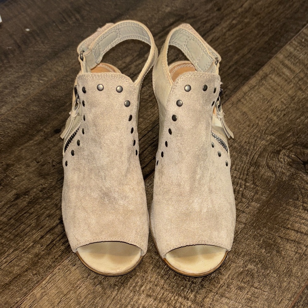 Baretraps Suede Open-Toe Slingback Heels in Beige